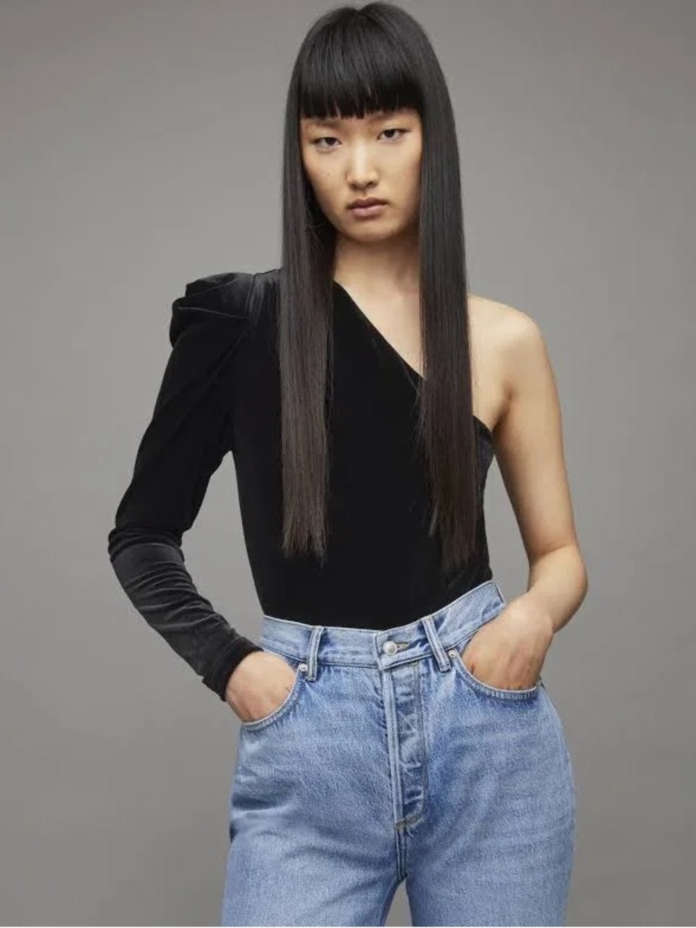 AllSaints Black One-Shoulder Velvet Bodysuit